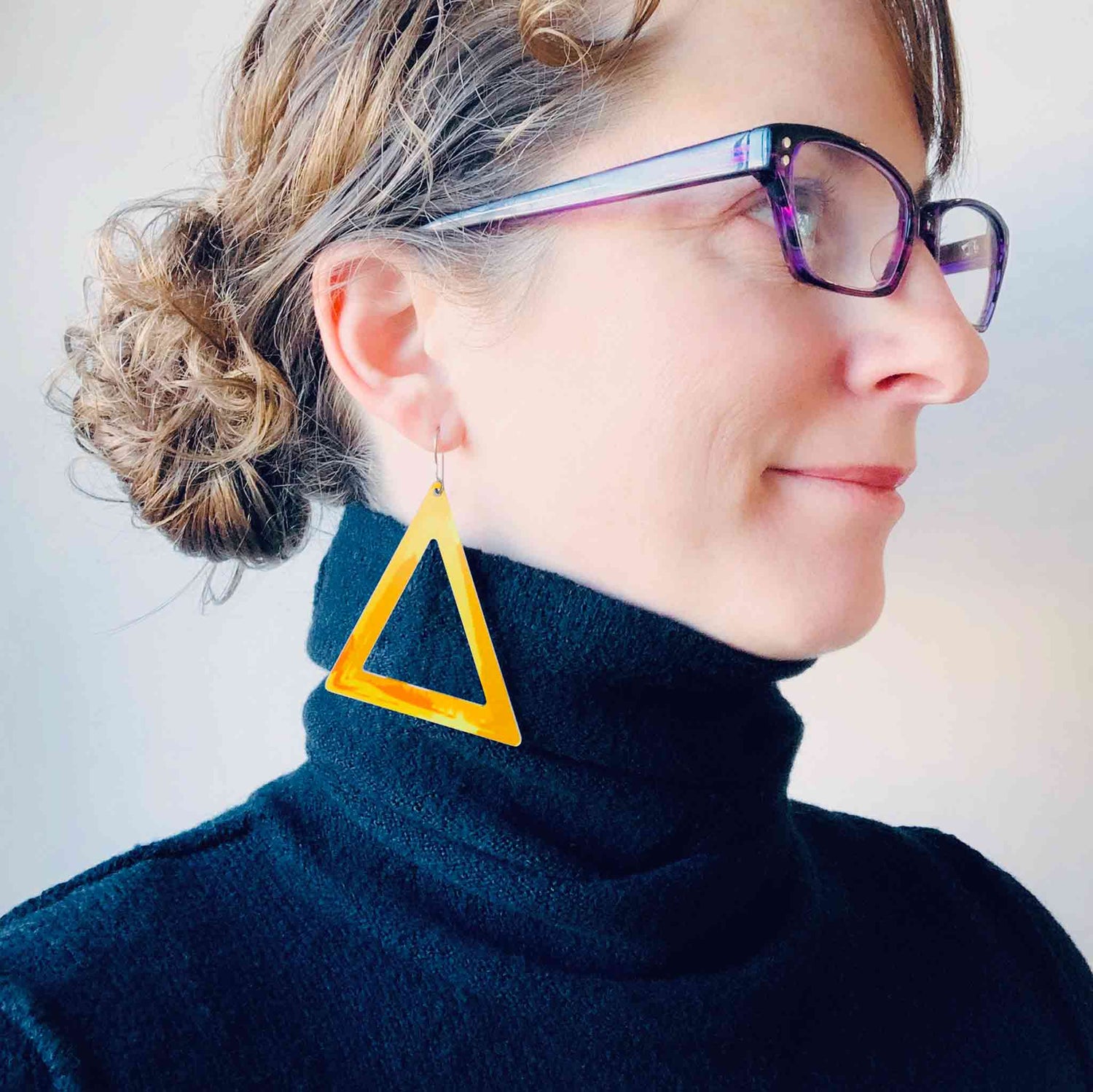 Ladies large triangle earrings in bright yellow by ColorUpLife.