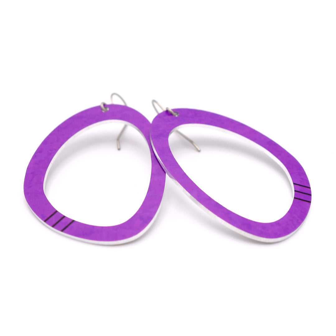 Large oval hoop dangle earrings in purple with black stripes by ColorUpLife.