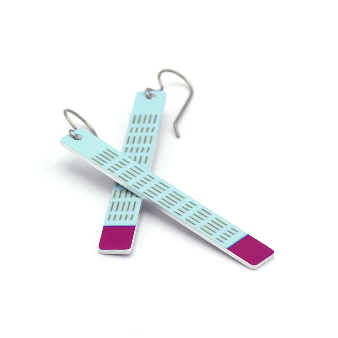 Pattern bar earrings in a light blue and dark berry color by ColorUpLife.