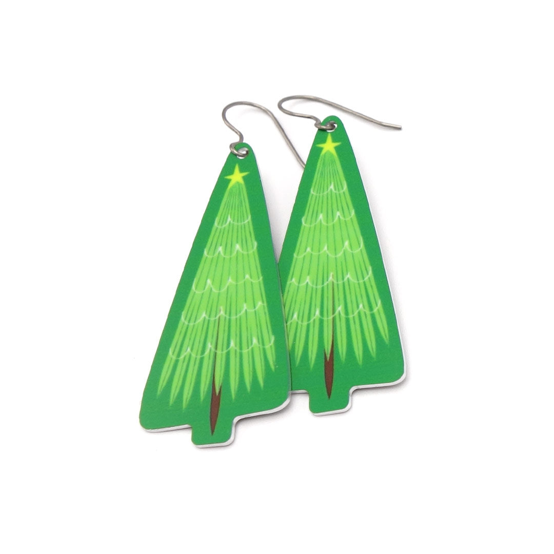 Traditional Christmas tree earrings decorated with white ribbon and a star by ColorUpLife.