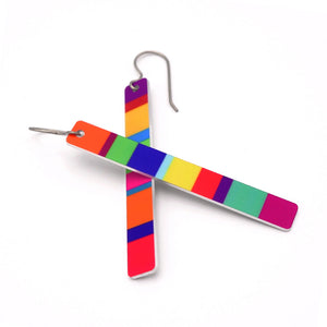 Variegated rainbow color block bar earrings in bold colors by ColorUpLife.