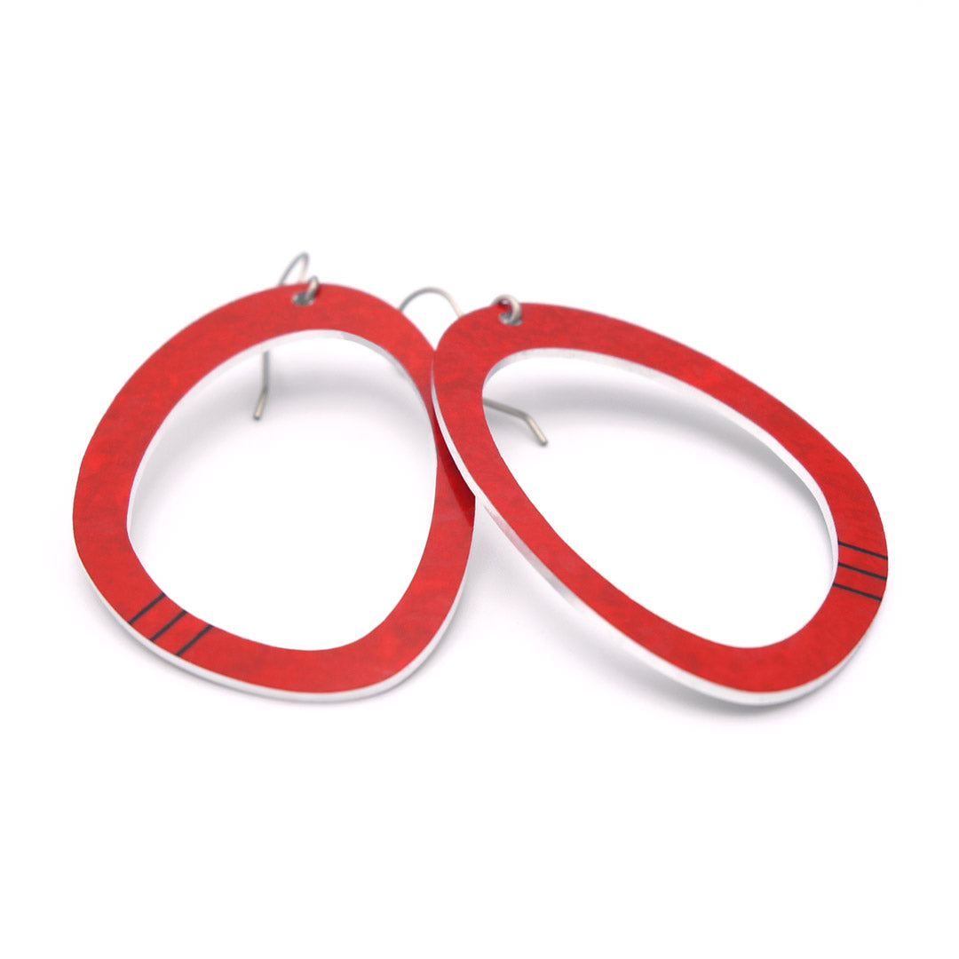 Large oval hoop dangle earrings in red with black stripes by ColorUpLife.