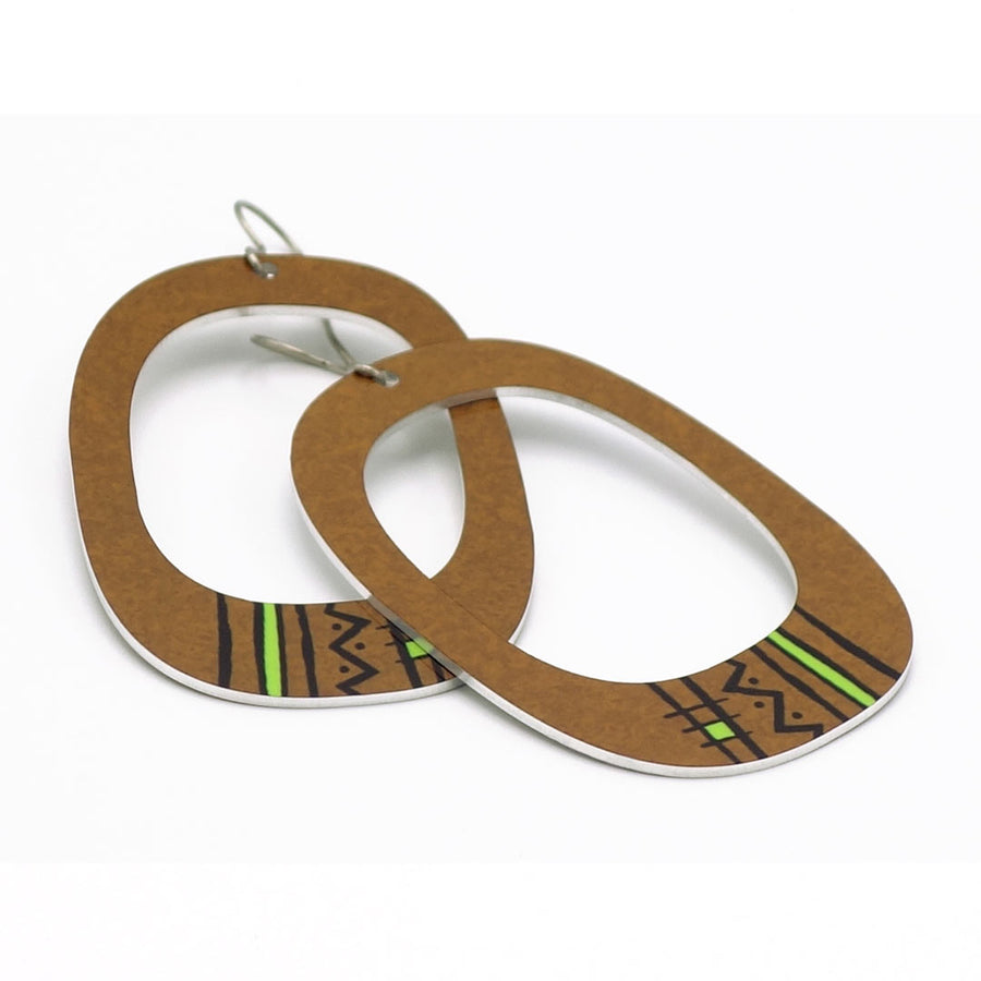 Large tribal-inspired rectangular hoop earrings in olive green by ColorUpLife.