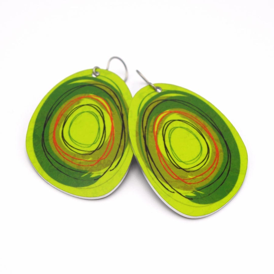 Large solid oval-shaped hoop earrings with blue and green graphics by ColorUpLife.
