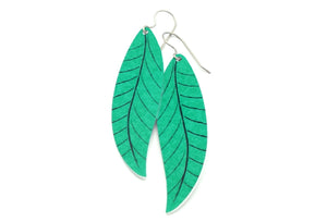 A pair of long teal leaf earrings by ColorUpLife.