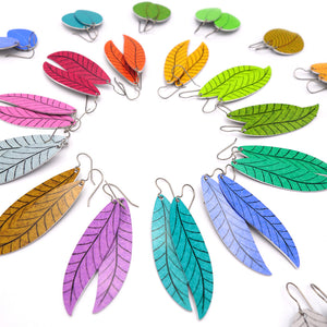 Long leaf earrings displayed in an array of rainbow colors by ColorUpLife.