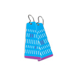 Blue and purple dangle earrings with a geometric pattern on a white background.