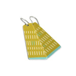 Chartreuse earrings with a grid pattern and teal accents on a white background.