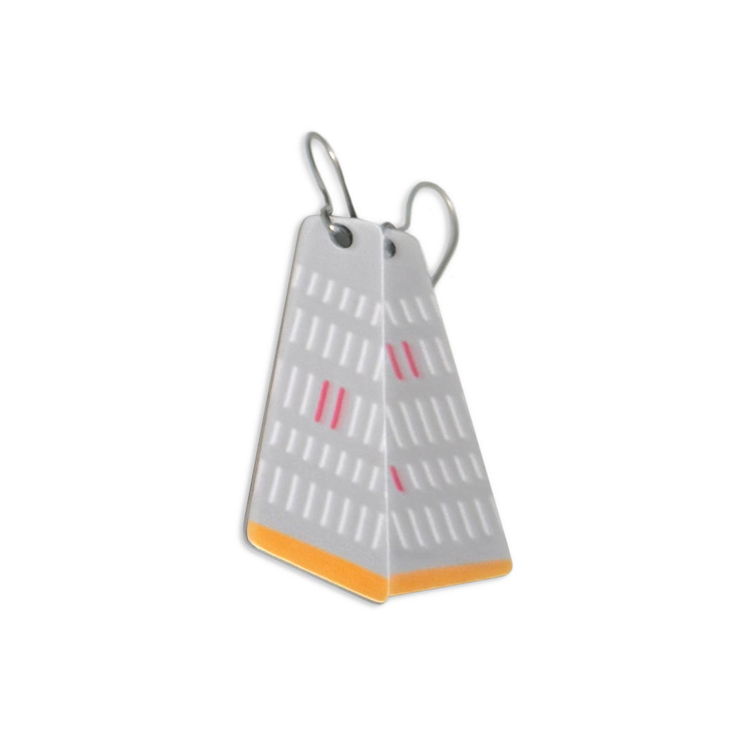 Modern gray geometric earrings with yellow accents on a white background.