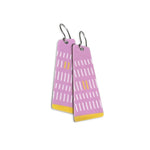 Sweet lavender rectangular earrings with a white line pattern and yellow accents on a white background.