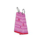 Purple and red earrings with a geometric pattern on a white background.