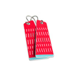 red geometric earrings with a white pattern and teal accents on a white background.