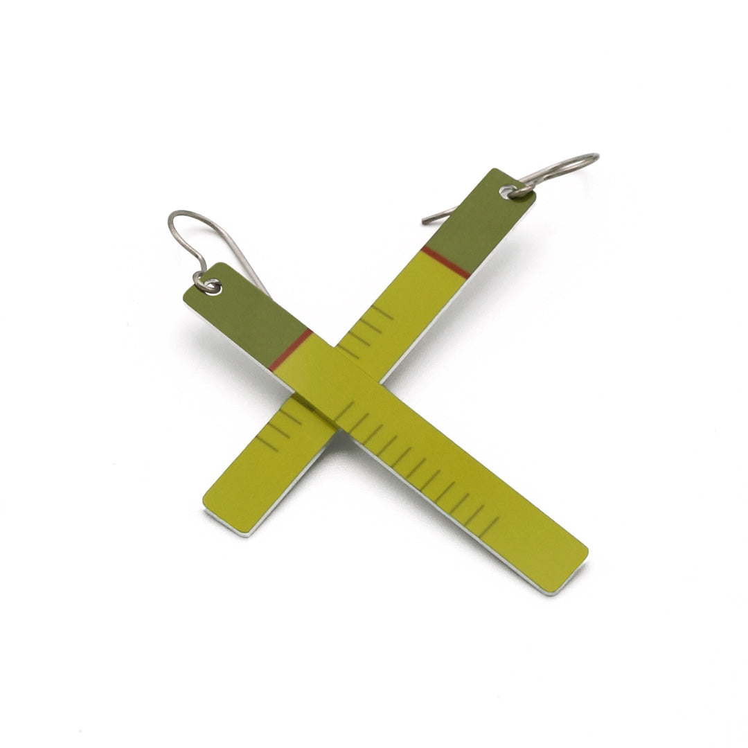 Olive green ruler earrings with titanium hooks by ColorUpLife.
