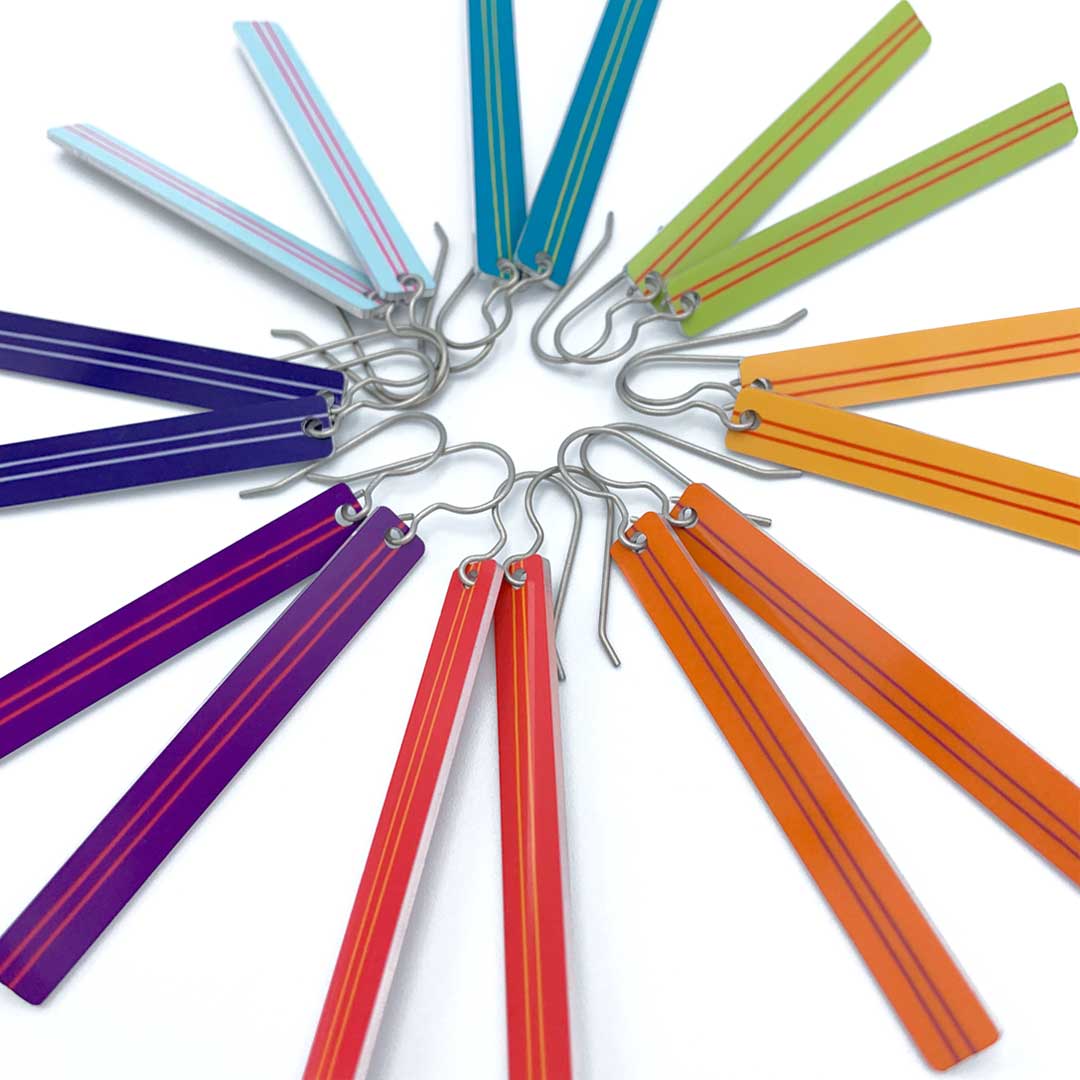 Eight pairs of colorful striped bar earrings by ColorUpLife.