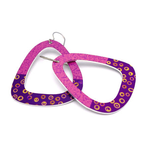Large berry pink and purple triangle earrings with yellow polka dots by ColorUpLife.