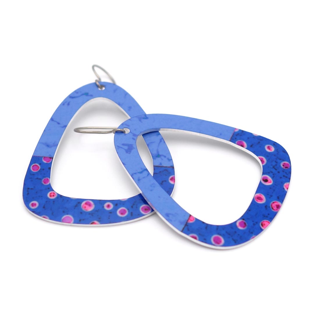 Large blue triangle earrings with pink polka dots by ColorUpLife.