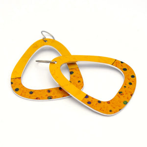 Large yellow triangle earrings with colorful polka dots by ColorUpLife.