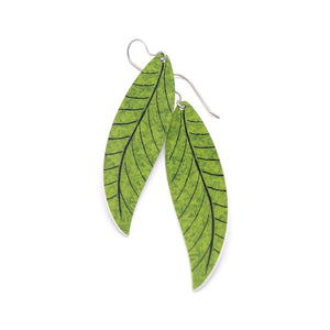A pair of long olive green leaf earrings by ColorUpLife.