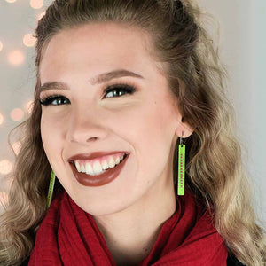 Young adult wearing color weave bar earrings in chartreuse and red by ColorUpLife.