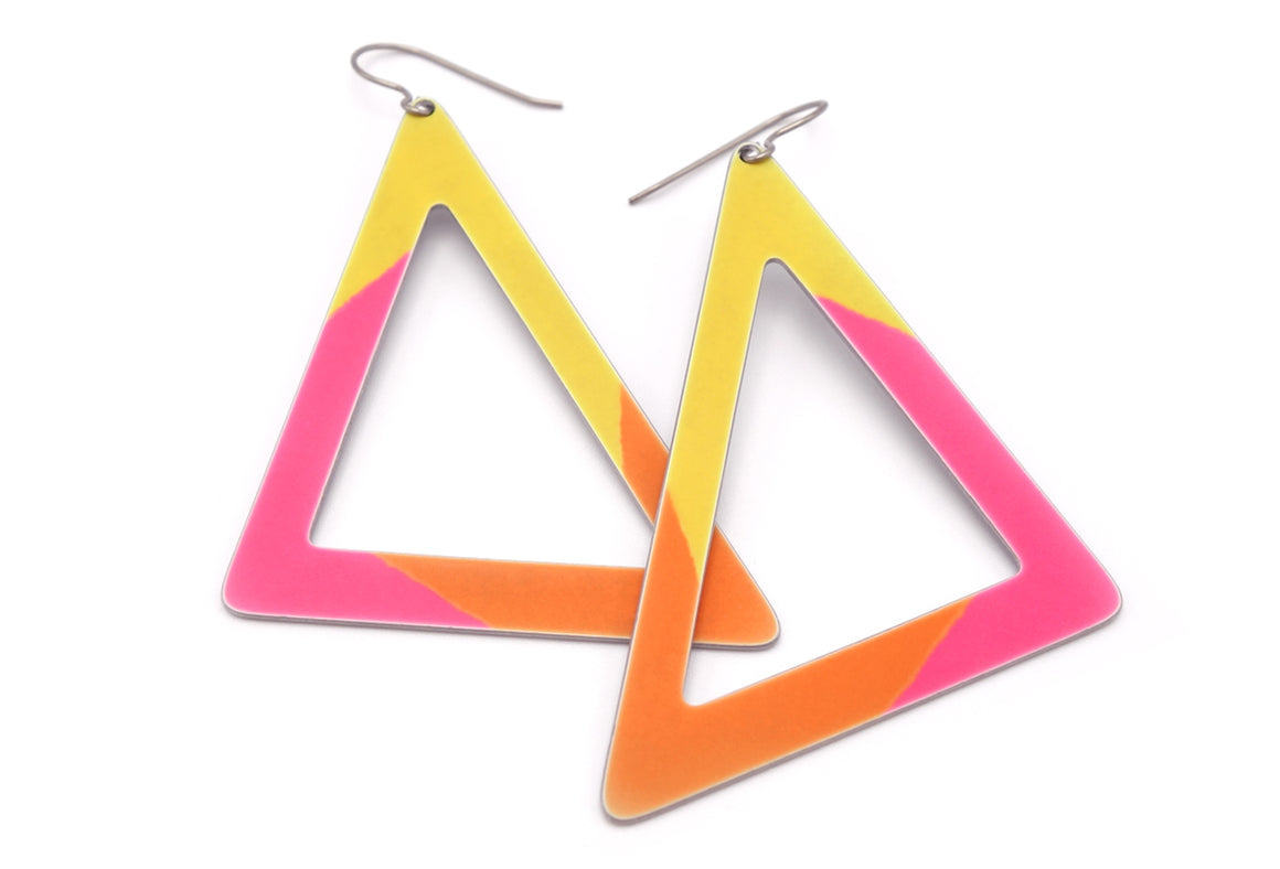 Large Aluminum Triangle Earrings by ColorUpLife - Pink, Yellow and Orange 