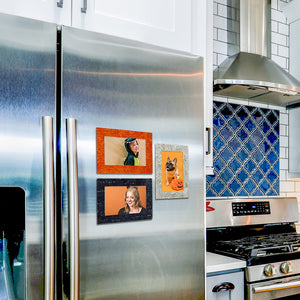 Orange Grid, Black Dots, and Light Gray Dots Magnetic Frames by ColorUpLife hanging as a Halloween set on a refrigerator.