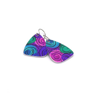A pair of small purple triangle dangle earrings with an abstract floral design by ColorUpLife