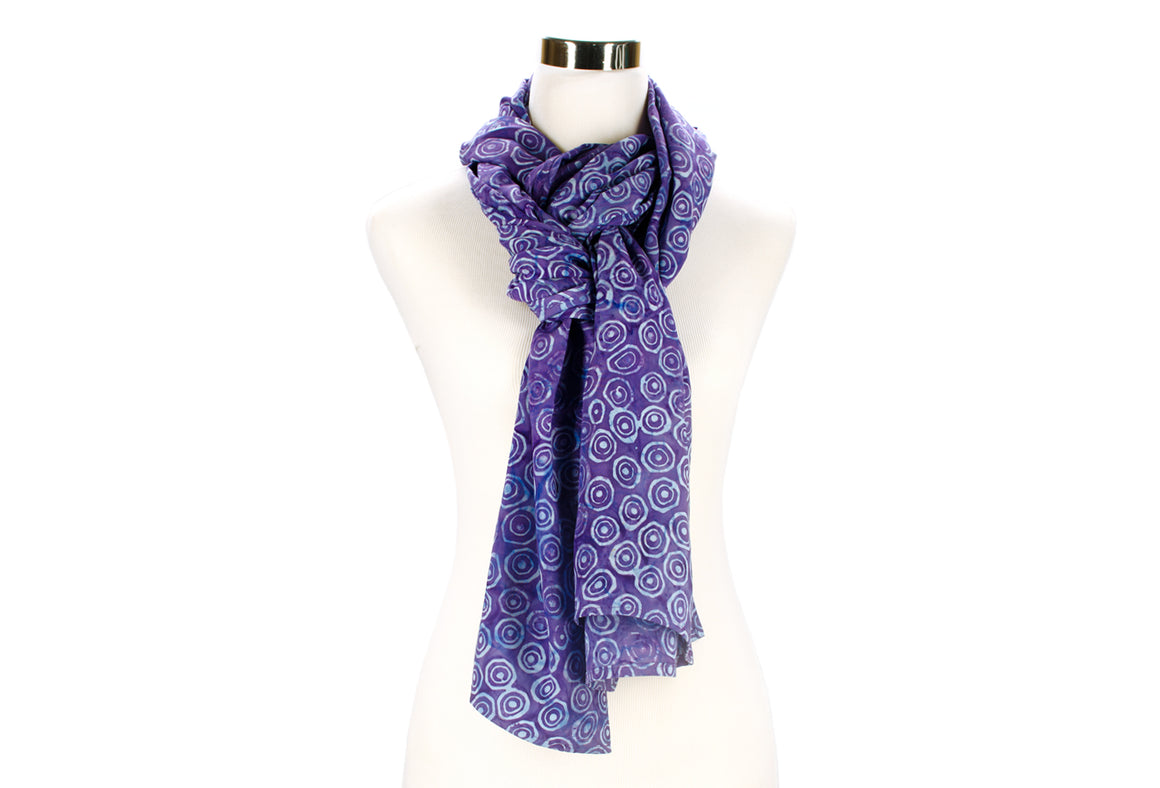 batik rayon scarf - violet and blue - circle pattern - ColorUpLife